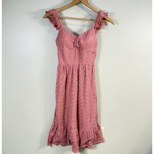 Lily Rose Pink Lace Midi Dress XS Ruffle Strap Boho Cottagecore Coquette